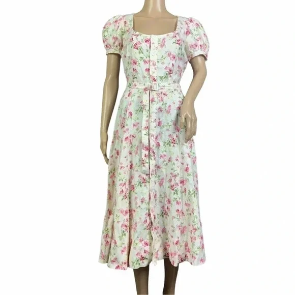 NWT POLO Ralph Lauren Linen Floral Sweet Pea Garden Party Midi Dress Size 12
